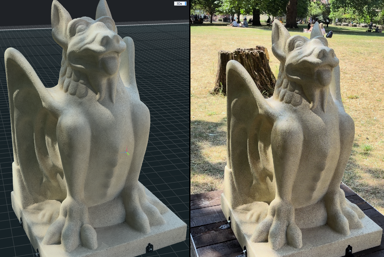 Gaussian splat of a stone gargoyle — reconstruction beside the real capture